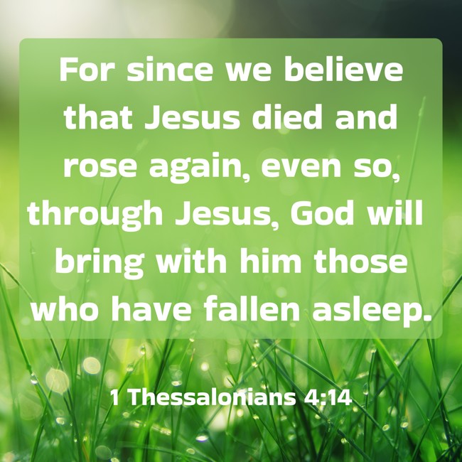 For since we believe that Jesus died and rose again, even so, through Jesus, God will bring with him those who have fallen asleep. - 1 Thessalonians 4:14