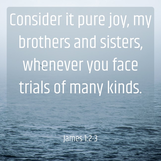 Consider it pure joy, my brothers and sisters, whenever you face trials of many kinds. - James 1:2-3