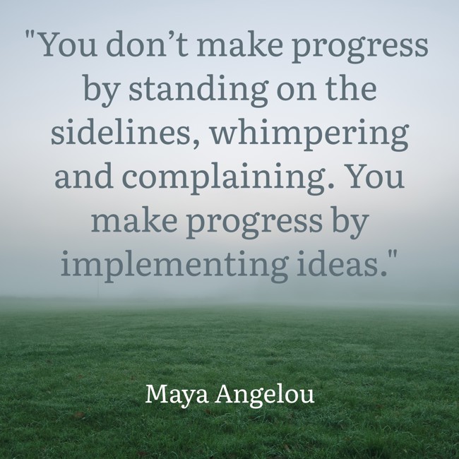 You don’t make progress by standing on the sidelines, whimpering and complaining. You make progress by implementing ideas. - Maya Angelou