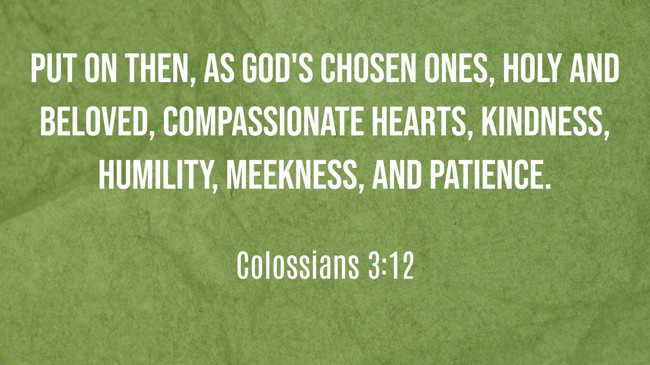 Put on then, as God's chosen ones, holy and beloved, compassionate hearts, kindness, humility, meekness, and patience. - Colossians 3:12