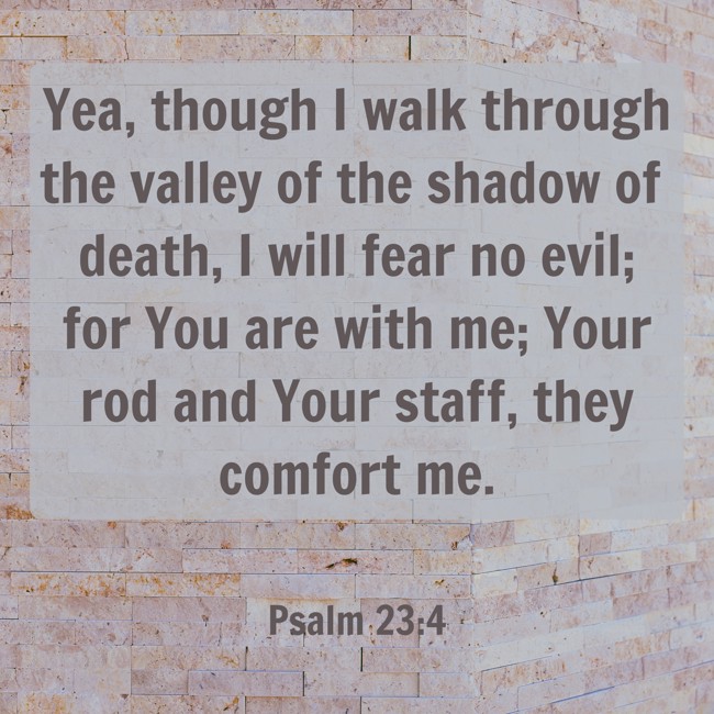 Yea, though I walk through the valley of the shadow of death, I will fear no evil; for You are with me; Your rod and Your staff, they comfort me. - Psalm 23:4