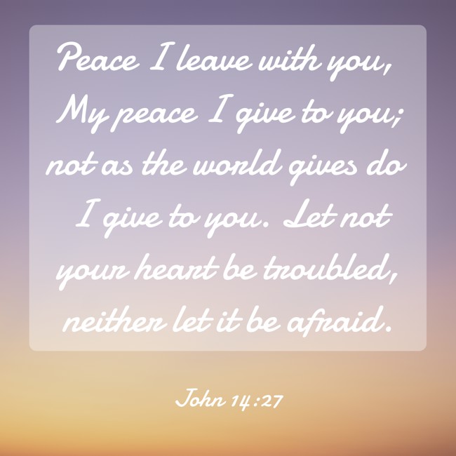 Peace I leave with you, My peace I give to you; not as the world gives do I give to you. Let not your heart be troubled, neither let it be afraid. - John 14:27