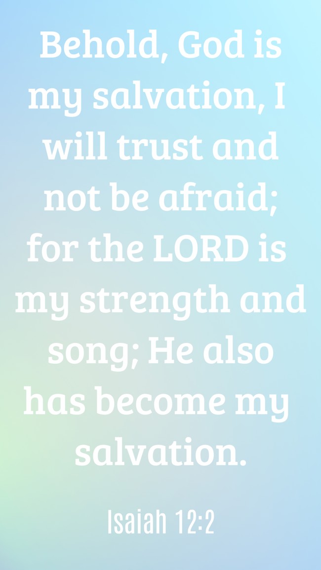 Behold, God is my salvation, I will trust and not be afraid; for the LORD is my strength and song; He also has become my salvation. - Isaiah 12:2