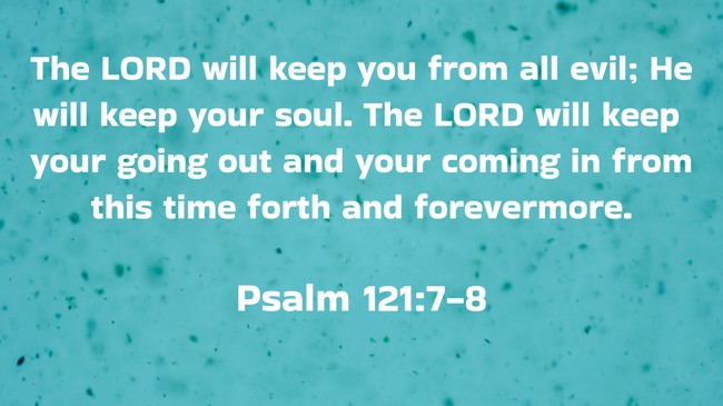 The LORD will keep you from all evil; He will keep your soul. The LORD will keep your going out and your coming in from this time forth and forevermore. - Psalm 121:7-8