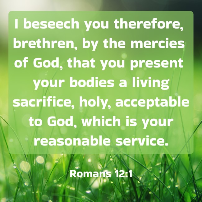 I beseech you therefore, brethren, by the mercies of God, that you present your bodies a living sacrifice, holy, acceptable to God, which is your reasonable service. - Romans 12:1