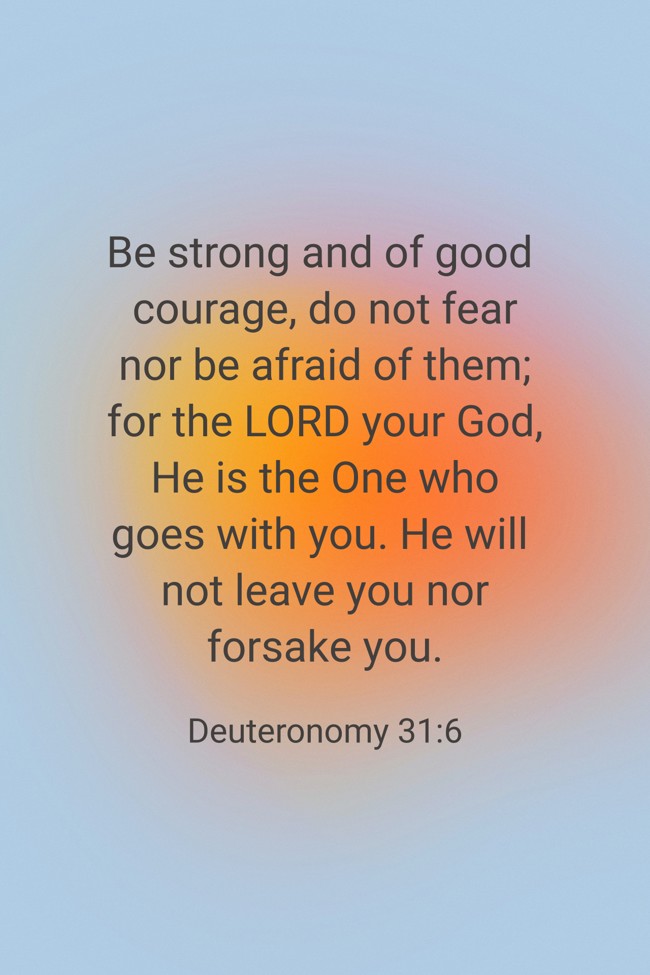 Be strong and of good courage, do not fear nor be afraid of them; for the LORD your God, He is the One who goes with you. He will not leave you nor forsake you. - Deuteronomy 31:6