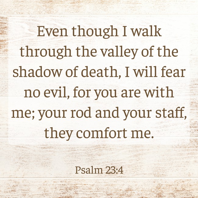 Even though I walk through the valley of the shadow of death, I will fear no evil, for you are with me; your rod and your staff, they comfort me. - Psalm 23:4