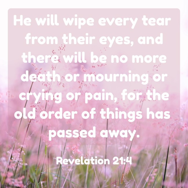 He will wipe every tear from their eyes, and there will be no more death or mourning or crying or pain, for the old order of things has passed away. - Revelation 21:4