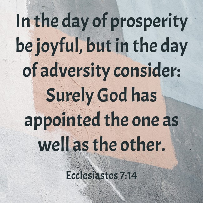In the day of prosperity be joyful, but in the day of adversity consider: Surely God has appointed the one as well as the other. - Ecclesiastes 7:14
