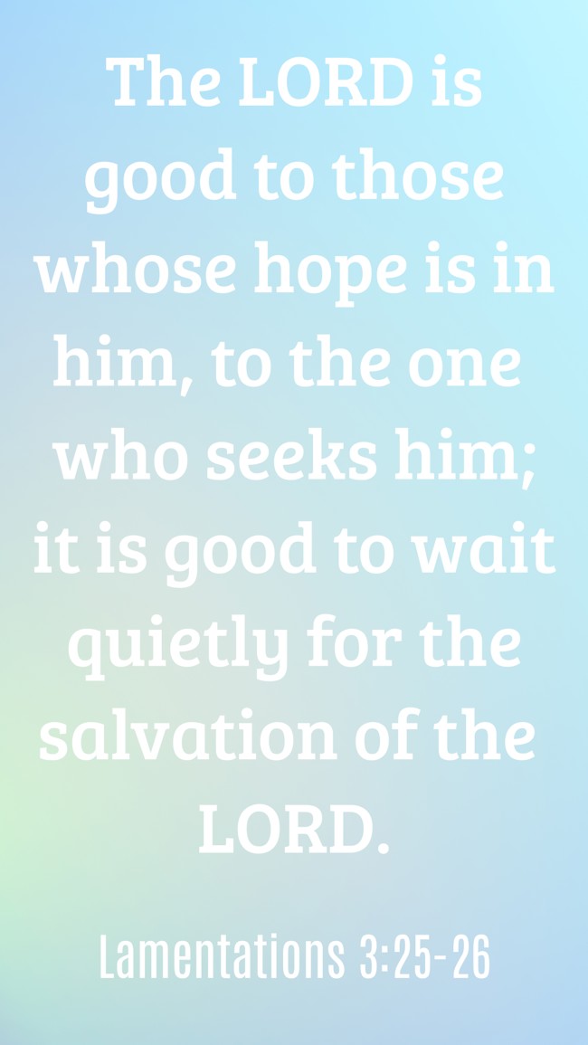 The LORD is good to those whose hope is in him, to the one who seeks him; it is good to wait quietly for the salvation of the LORD. - Lamentations 3:25-26