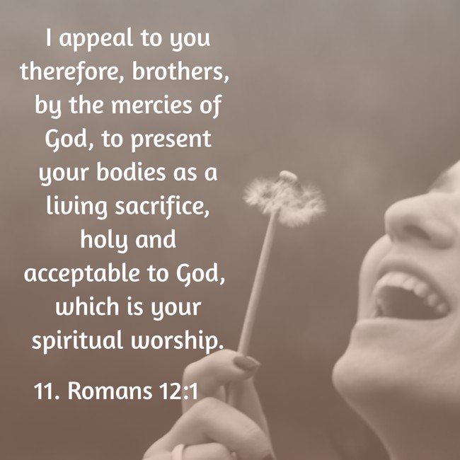 I appeal to you therefore, brothers, by the mercies of God, to present your bodies as a living sacrifice, holy and acceptable to God, which is your spiritual worship.
- 11. Romans 12:1