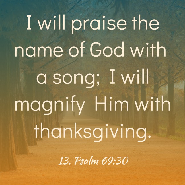 I will praise the name of God with a song; I will magnify Him with thanksgiving.
- 13. Psalm 69:30