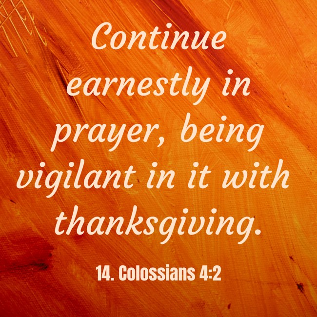 Continue earnestly in prayer, being vigilant in it with thanksgiving.
- 14. Colossians 4:2