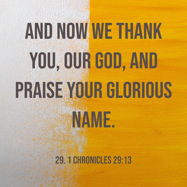 And now we thank You, our God, and praise Your glorious name.
- 29. 1 Chronicles 29:13