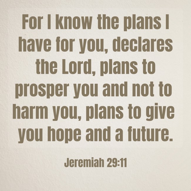 For I know the plans I have for you, declares the Lord, plans to prosper you and not to harm you, plans to give you hope and a future. - Jeremiah 29:11