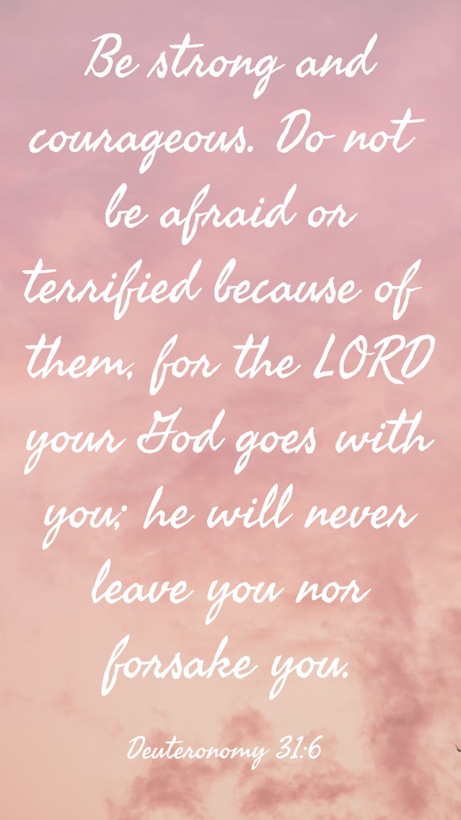 Be strong and courageous. Do not be afraid or terrified because of them, for the LORD your God goes with you; he will never leave you nor forsake you. - Deuteronomy 31:6
