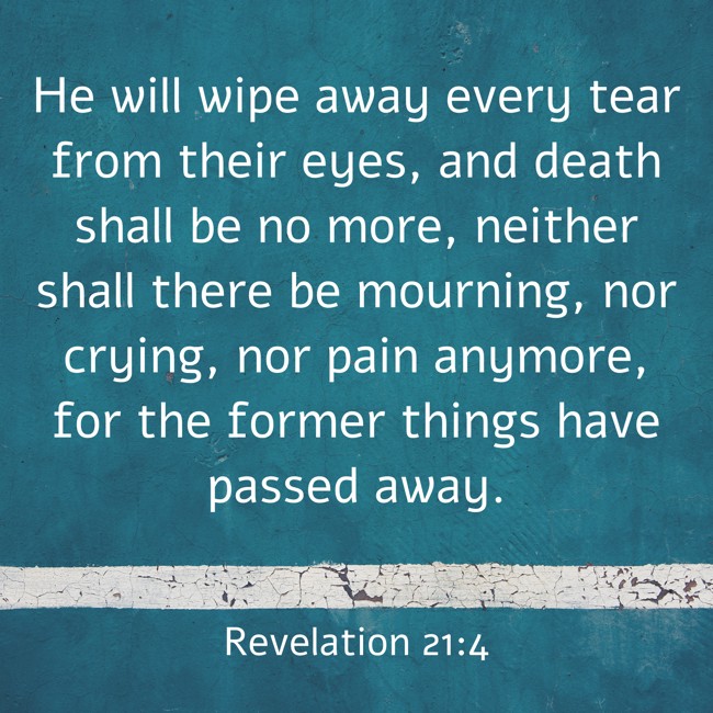 He will wipe away every tear from their eyes, and death shall be no more, neither shall there be mourning, nor crying, nor pain anymore, for the former things have passed away. - Revelation 21:4