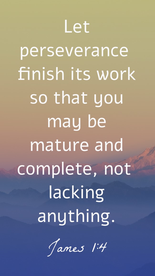 Let perseverance finish its work so that you may be mature and complete, not lacking anything. - James 1:4
