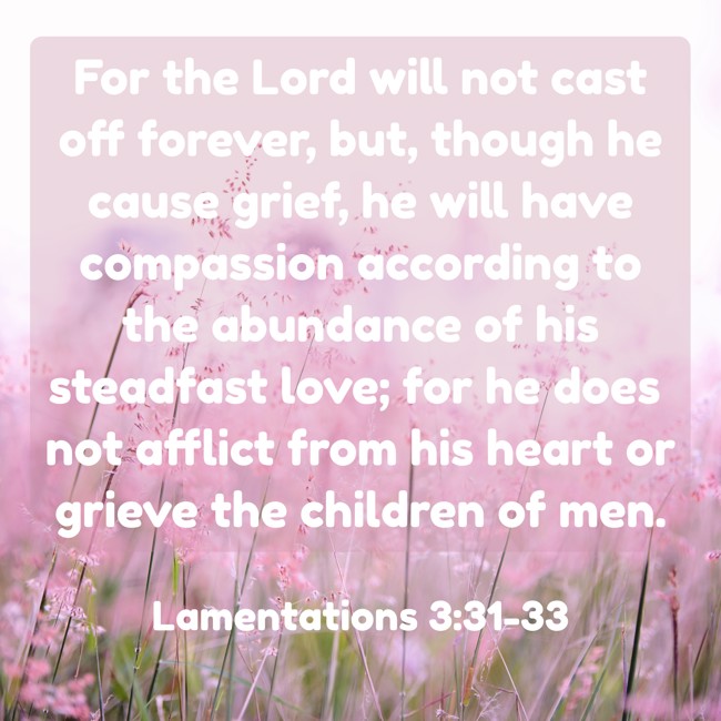 For the Lord will not cast off forever, but, though he cause grief, he will have compassion according to the abundance of his steadfast love; for he does not afflict from his heart or grieve the children of men. - Lamentations 3:31-33