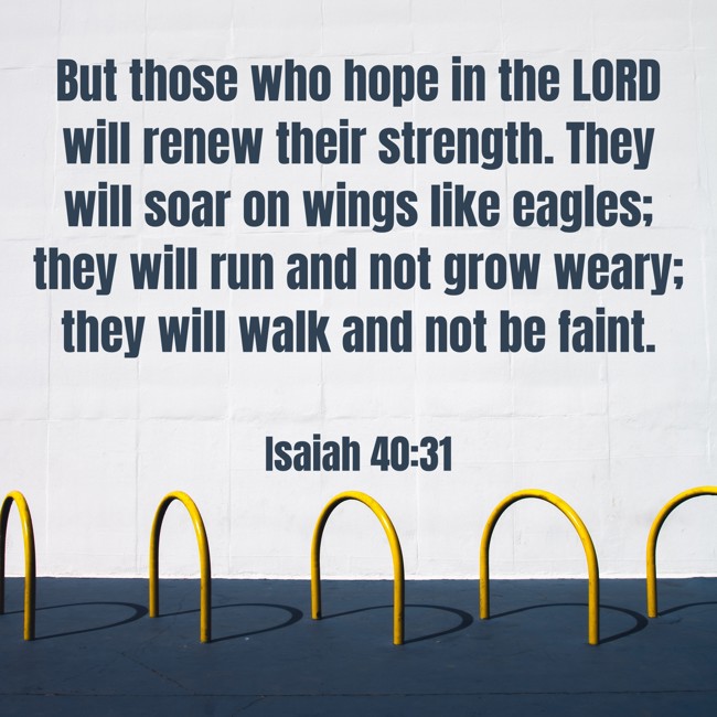 But those who hope in the LORD will renew their strength. They will soar on wings like eagles; they will run and not grow weary; they will walk and not be faint. - Isaiah 40:31