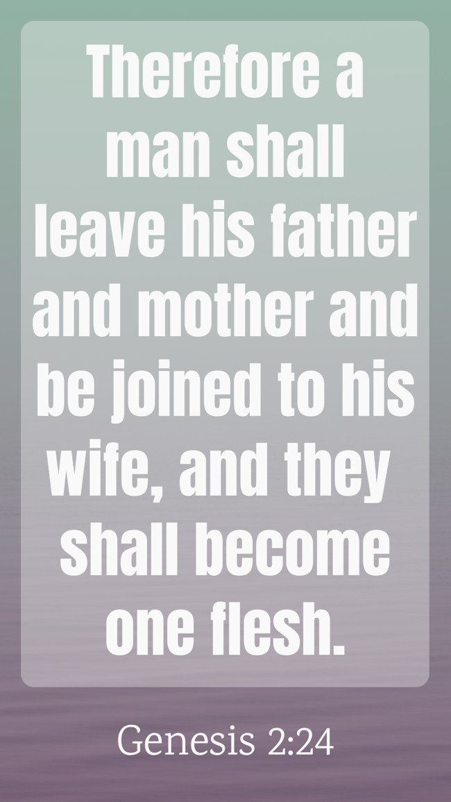 Therefore a man shall leave his father and mother and be joined to his wife, and they shall become one flesh. - Genesis 2:24