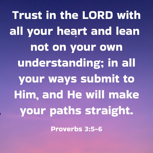 Trust in the LORD with all your heart and lean not on your own understanding; in all your ways submit to Him, and He will make your paths straight. - Proverbs 3:5-6