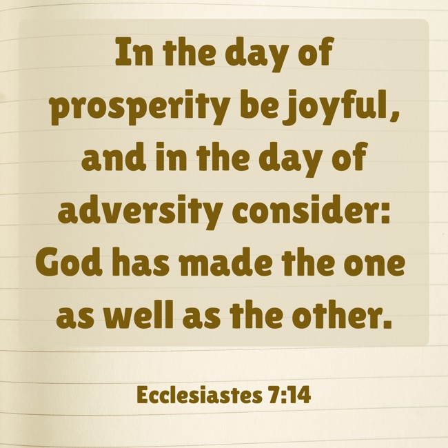 In the day of prosperity be joyful, and in the day of adversity consider: God has made the one as well as the other. - Ecclesiastes 7:14