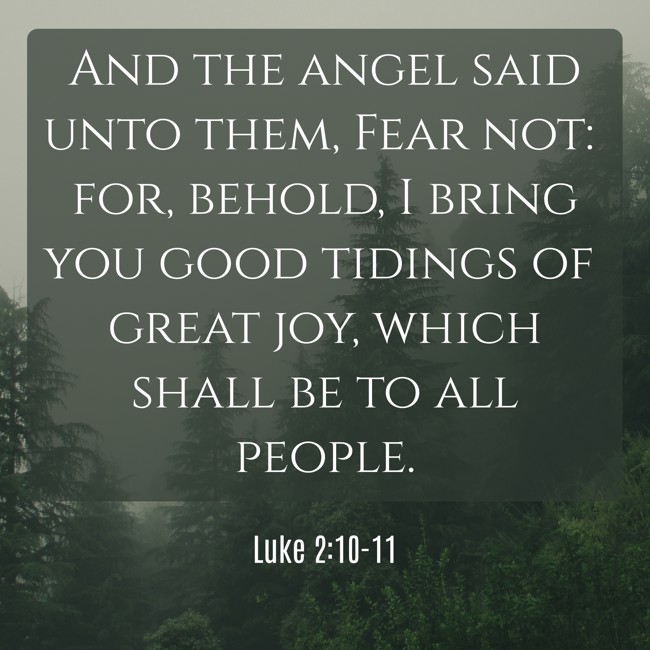 And the angel said unto them, Fear not: for, behold, I bring you good tidings of great joy, which shall be to all people.   - Luke 2:10-11 