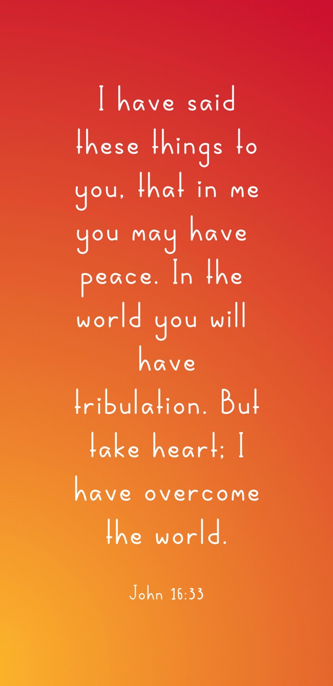 I have said these things to you, that in me you may have peace. In the world you will have tribulation. But take heart; I have overcome the world. - John 16:33