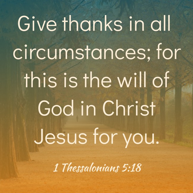 Give thanks in all circumstances; for this is the will of God in Christ Jesus for you. - 1 Thessalonians 5:18