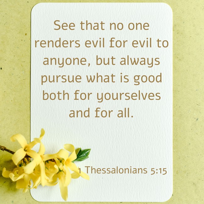 See that no one renders evil for evil to anyone, but always pursue what is good both for yourselves and for all. - 1 Thessalonians 5:15