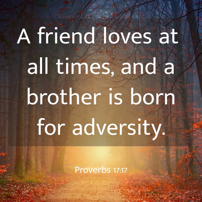 A friend loves at all times, and a brother is born for adversity. - Proverbs 17:17