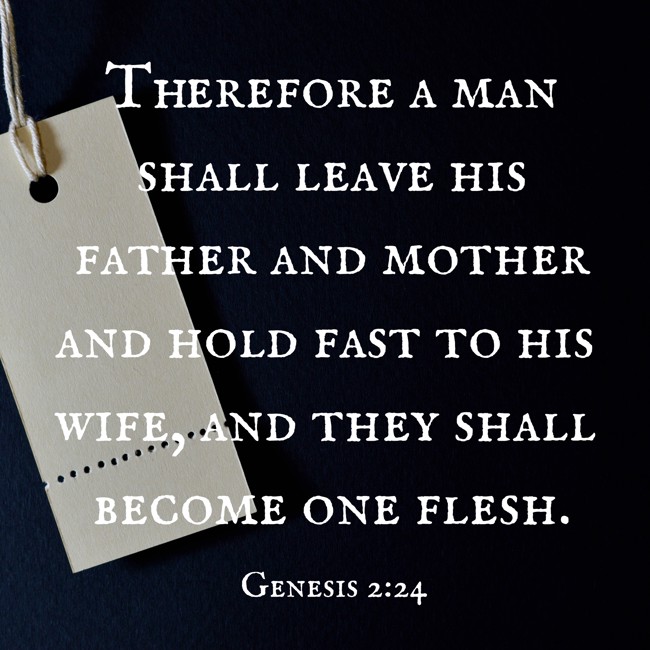 Therefore a man shall leave his father and mother and hold fast to his wife, and they shall become one flesh. - Genesis 2:24