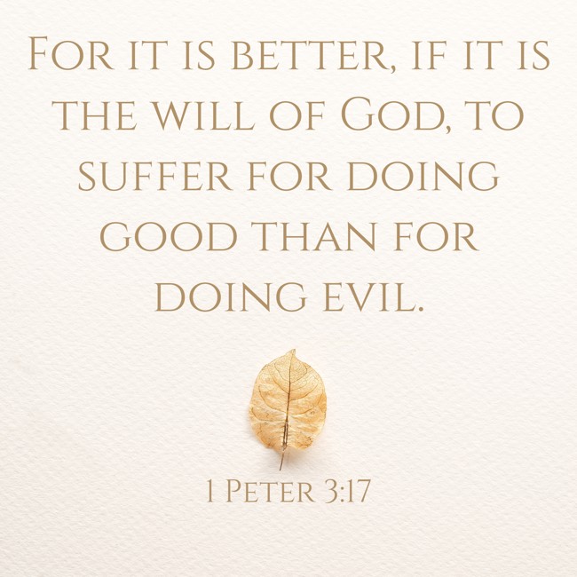 For it is better, if it is the will of God, to suffer for doing good than for doing evil. - 1 Peter 3:17