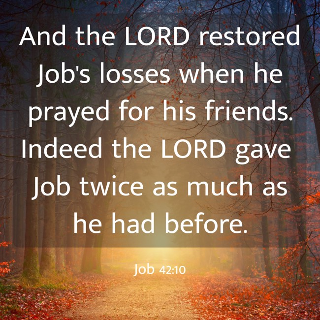 And the LORD restored Job's losses when he prayed for his friends. Indeed the LORD gave Job twice as much as he had before. - Job 42:10