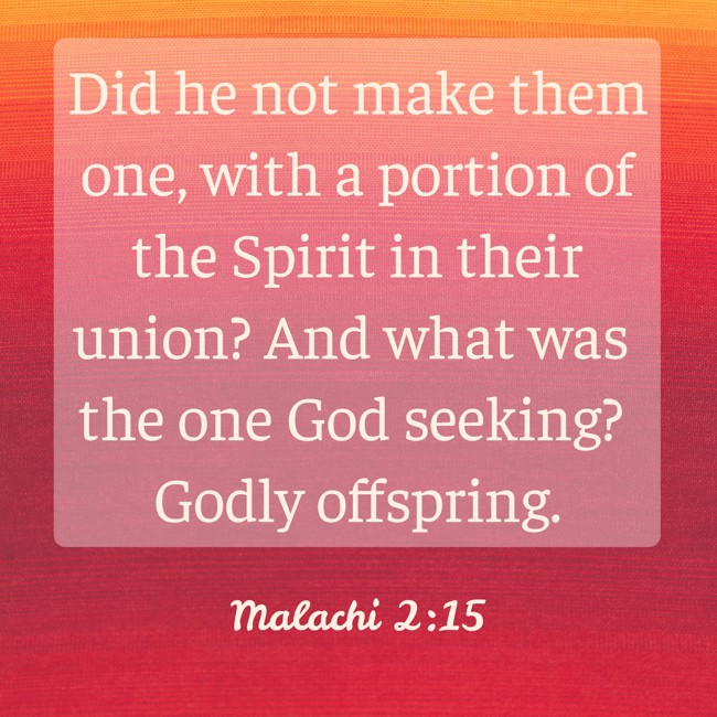 Did he not make them one, with a portion of the Spirit in their union? And what was the one God seeking? Godly offspring. - Malachi 2:15