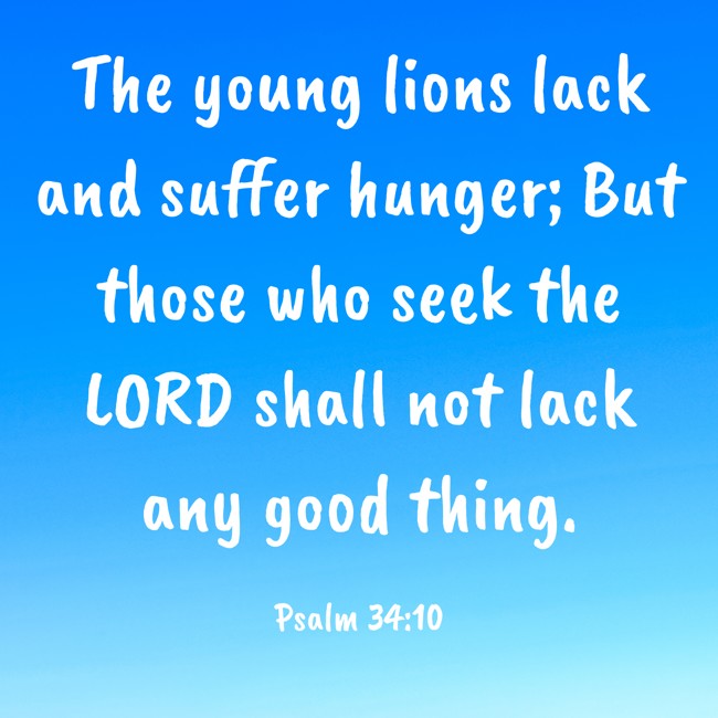 The young lions lack and suffer hunger; But those who seek the LORD shall not lack any good thing. - Psalm 34:10
