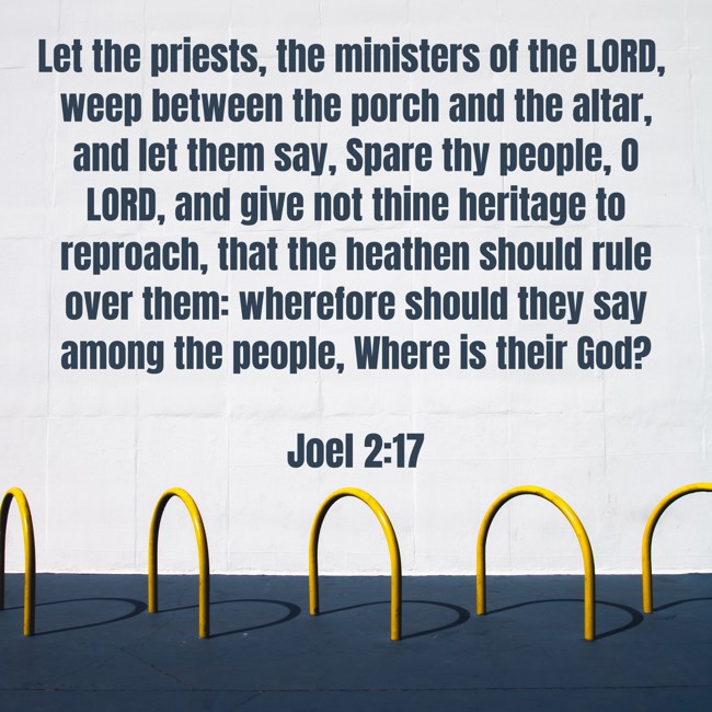 Let the priests, the ministers of the LORD, weep between the porch and the altar, and let them say, Spare thy people, O LORD, and give not thine heritage to reproach, that the heathen should rule over them: wherefore should they say among the people, Where is their God? - Joel 2:17