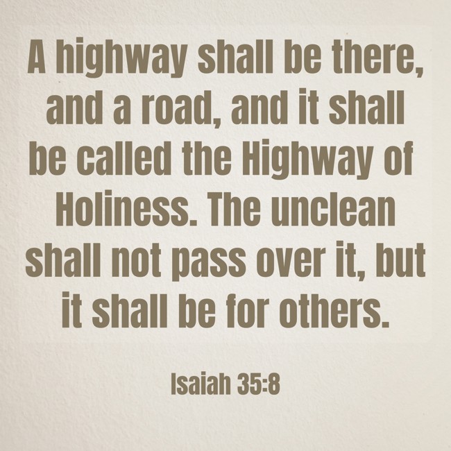 A highway shall be there, and a road, and it shall be called the Highway of Holiness. The unclean shall not pass over it, but it shall be for others. - Isaiah 35:8