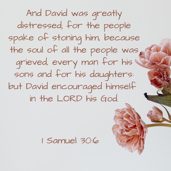 And David was greatly distressed; for the people spake of stoning him, because the soul of all the people was grieved, every man for his sons and for his daughters: but David encouraged himself in the LORD his God. - 1 Samuel 30:6
