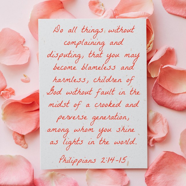 Do all things without complaining and disputing, that you may become blameless and harmless, children of God without fault in the midst of a crooked and perverse generation, among whom you shine as lights in the world. - Philippians 2:14-15