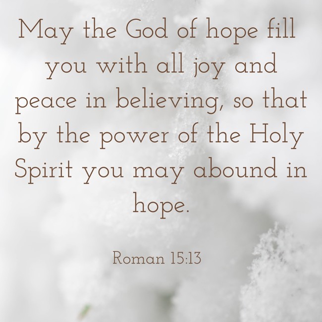 May the God of hope fill you with all joy and peace in believing, so that by the power of the Holy Spirit you may abound in hope. - Roman 15:13