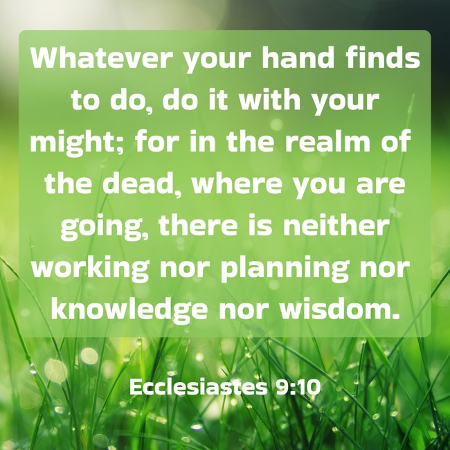 Whatever your hand finds to do, do it with your might; for in the realm of the dead, where you are going, there is neither working nor planning nor knowledge nor wisdom. - Ecclesiastes 9:10