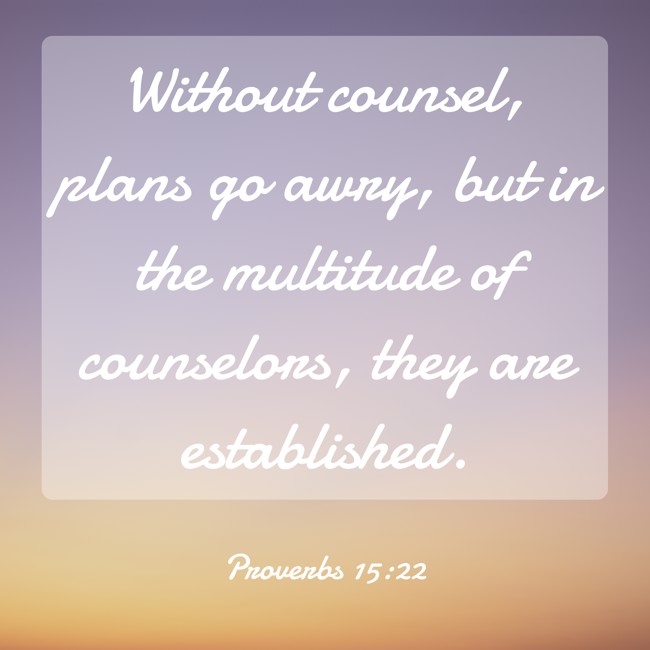 Without counsel, plans go awry, but in the multitude of counselors, they are established. - Proverbs 15:22