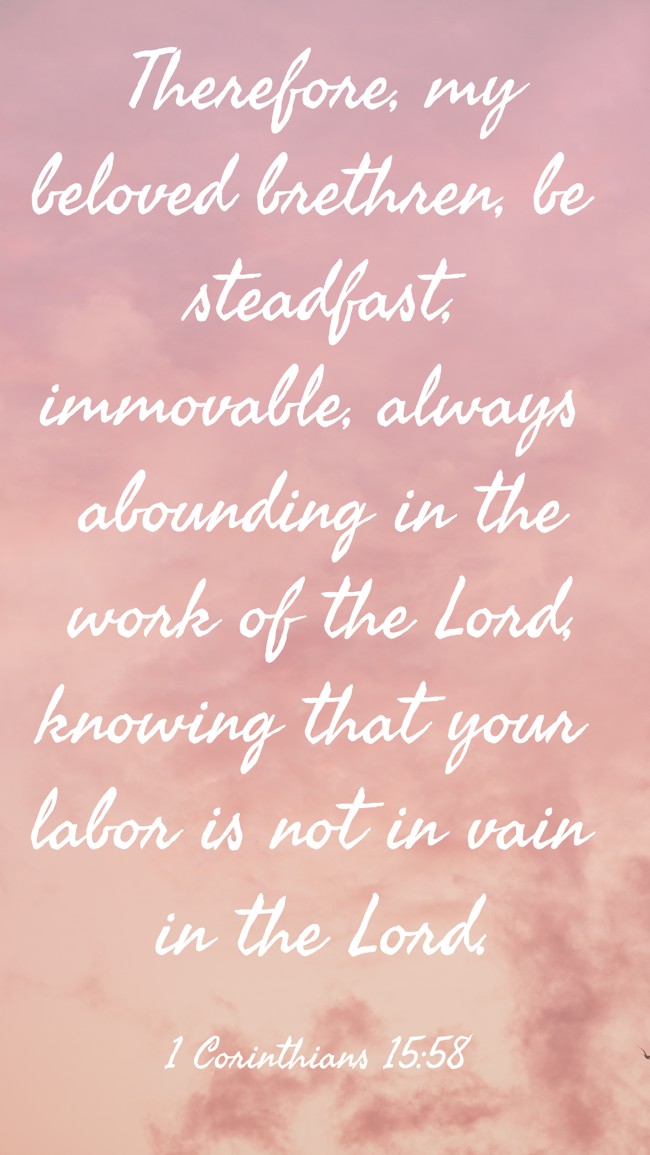 Therefore, my beloved brethren, be steadfast, immovable, always abounding in the work of the Lord, knowing that your labor is not in vain in the Lord. - 1 Corinthians 15:58