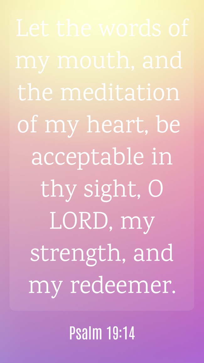 Let the words of my mouth, and the meditation of my heart, be acceptable in thy sight, O LORD, my strength, and my redeemer. - Psalm 19:14
