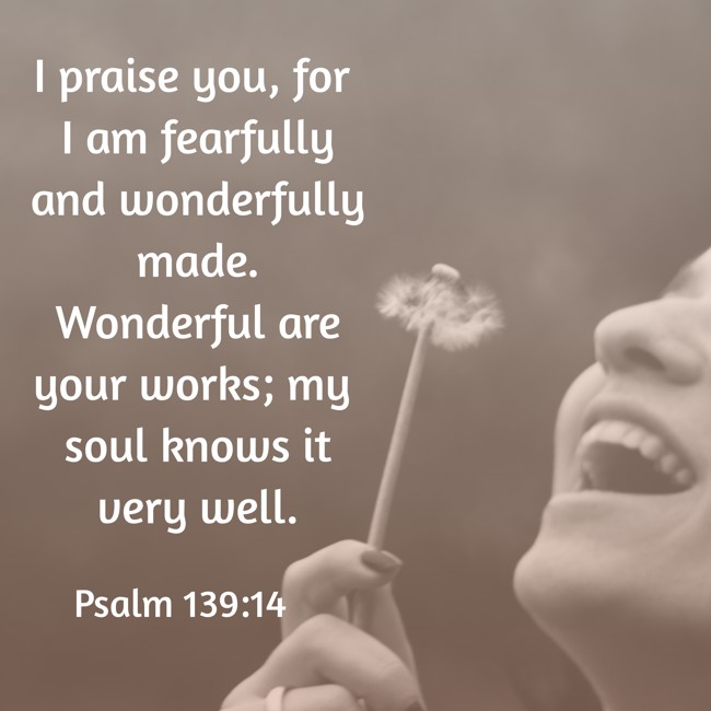 I praise you, for I am fearfully and wonderfully made. Wonderful are your works; my soul knows it very well. - Psalm 139:14
