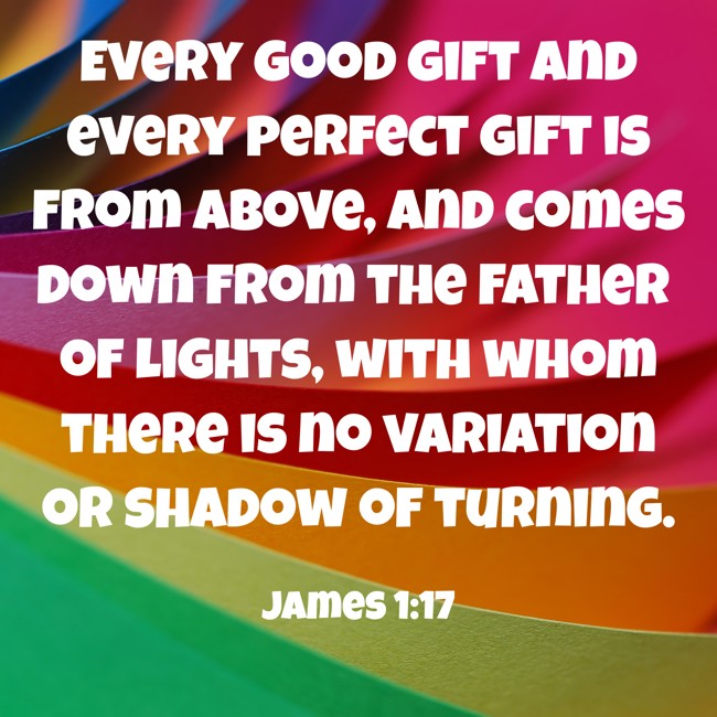 Every good gift and every perfect gift is from above, and comes down from the Father of lights, with whom there is no variation or shadow of turning. - James 1:17