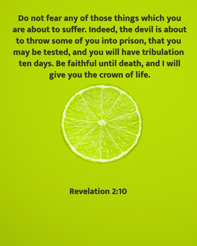 Do not fear any of those things which you are about to suffer. Indeed, the devil is about to throw some of you into prison, that you may be tested, and you will have tribulation ten days. Be faithful until death, and I will give you the crown of life. - Revelation 2:10