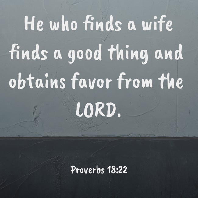 He who finds a wife finds a good thing and obtains favor from the LORD. - Proverbs 18:22